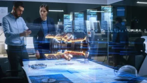 Two engineers examine a glowing holographic model of a jet engine in a high-tech lab, surrounded by digital data panels.