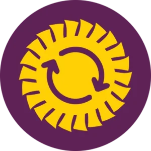 Purple circle with a yellow sunburst pattern and two curved arrows forming a refresh/cycle symbol on a solid background.