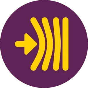 Login/enter icon: yellow arrow entering curved lines on a purple circular background